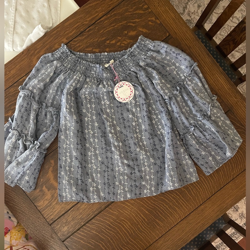 Umgee Light Blue Off-Shoulder Smocked Top with White Floral Stripe